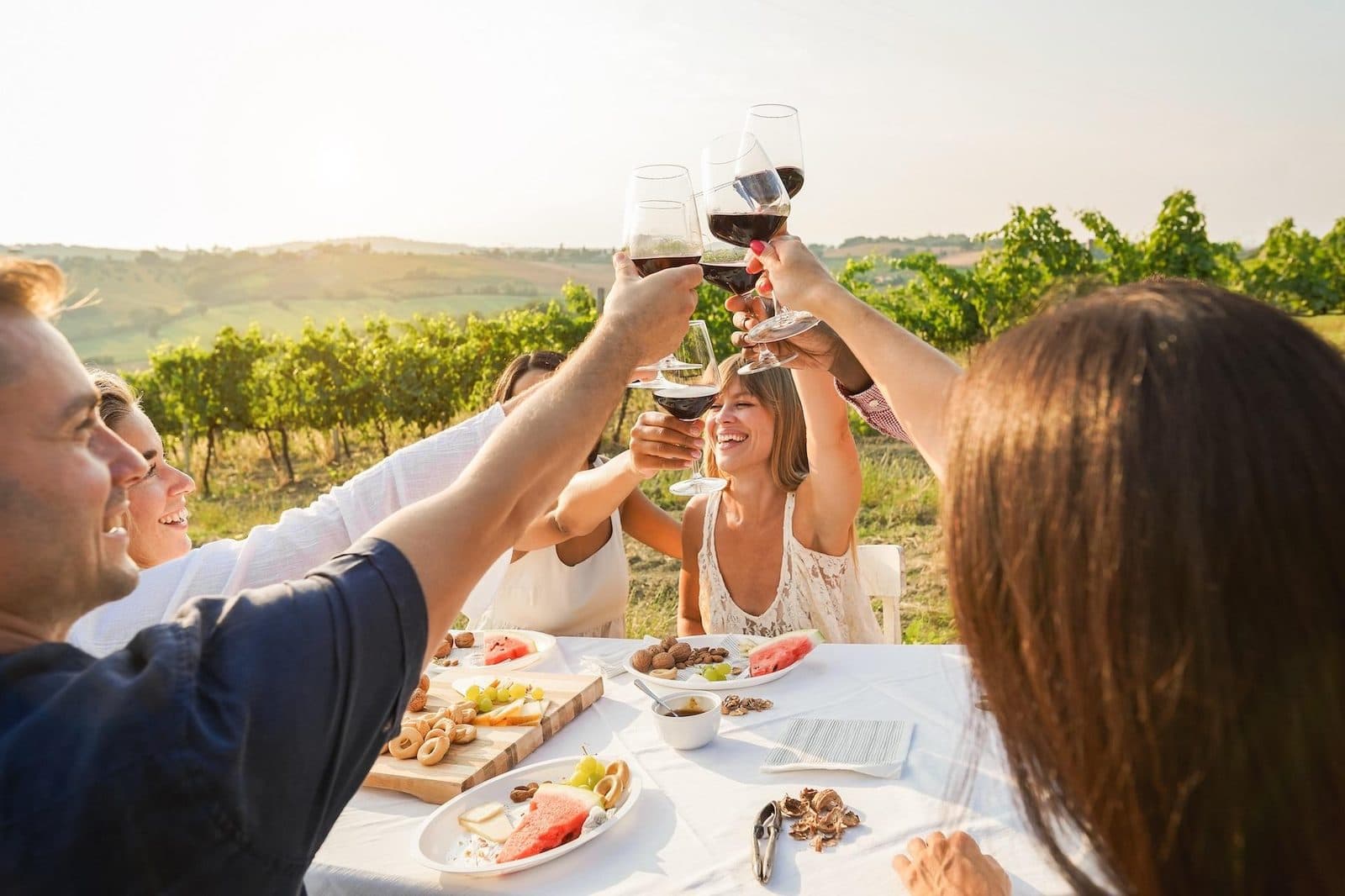 Guests toasting with red wine at an outdoor table above a vineyard. Avanos Wine Tasting, arranged from The Owl Cave Hotel in Göreme, Cappadocia.