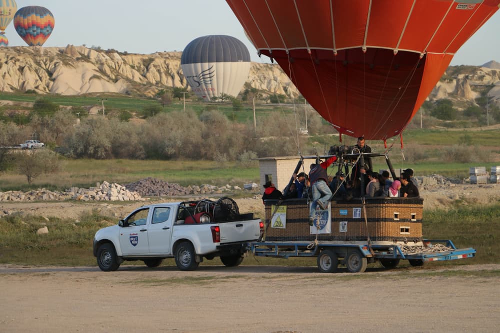 Balloon basket landing on a trailer after the Göreme Sunrise Balloon Flight arranged from The Owl Cave Hotel, Göreme