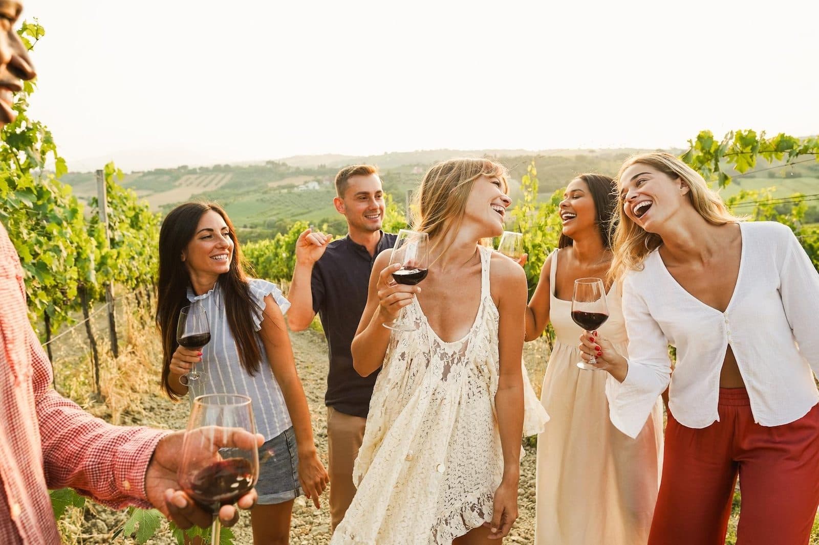 A group standing in a vineyard with glasses of red wine. Avanos Wine Tasting, arranged from The Owl Cave Hotel in Göreme, Cappadocia.