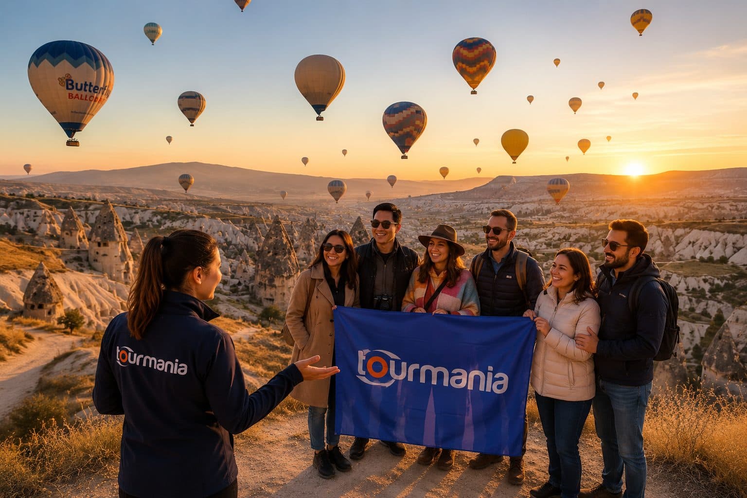 A group with a Tourmania flag watching balloons at sunset. Balloon Flight with a Choice of Day Tour, arranged from The Owl Cave Hotel in Göreme, Cappadocia.