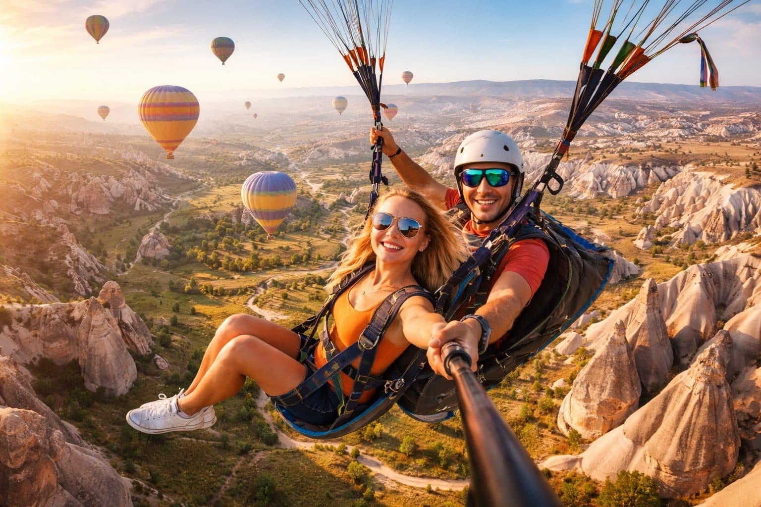 A tandem pair flying over fairy chimneys, with a balloon in the distance. Tandem Paragliding, arranged from The Owl Cave Hotel in Göreme, Cappadocia.