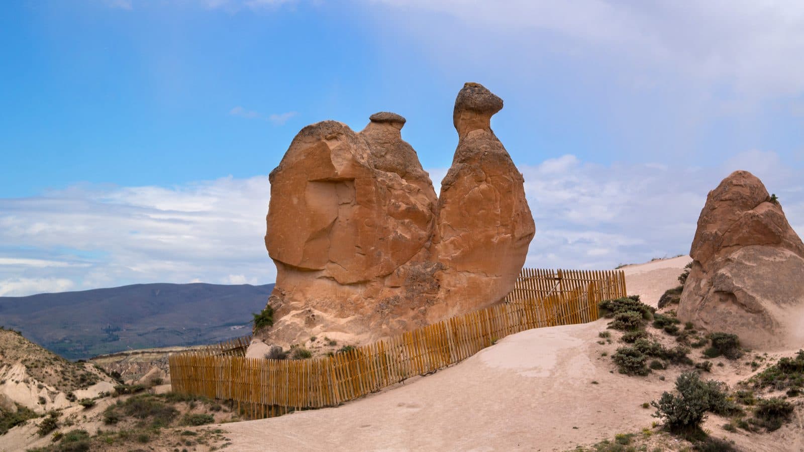 A camel-shaped rock formation. Cappadocia Red and Green Day, arranged from The Owl Cave Hotel in Göreme, Cappadocia.