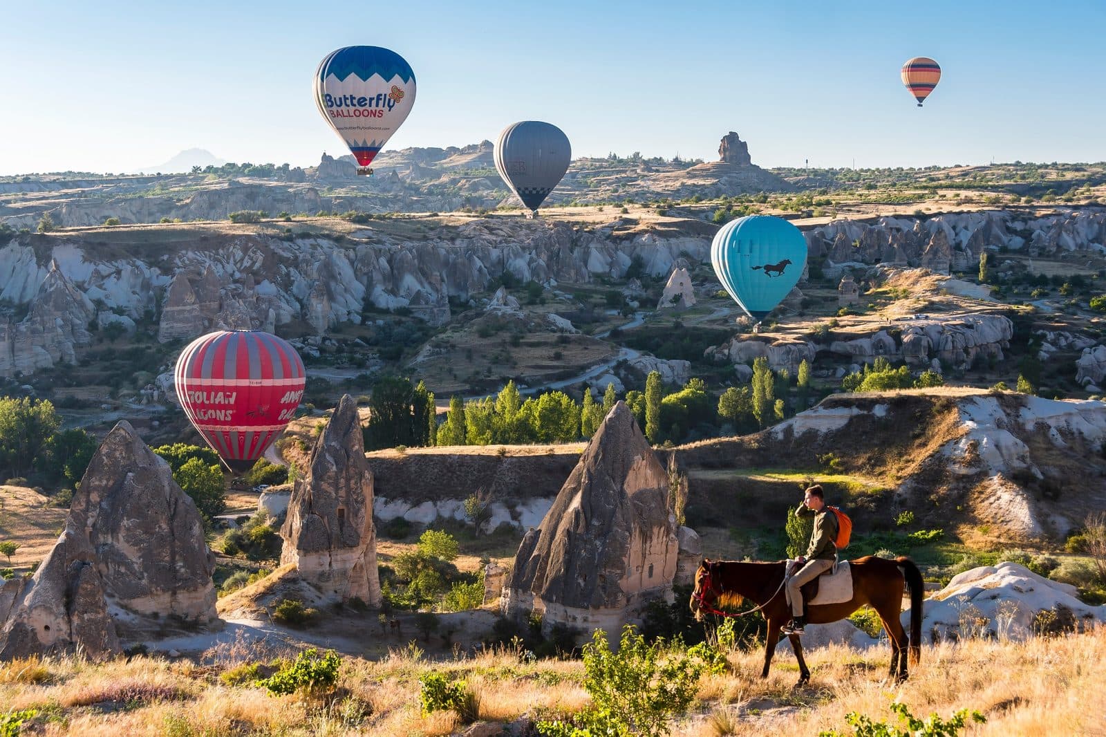A rider among fairy chimneys with balloons overhead. Sunrise Horse Ride, arranged from The Owl Cave Hotel in Göreme, Cappadocia.