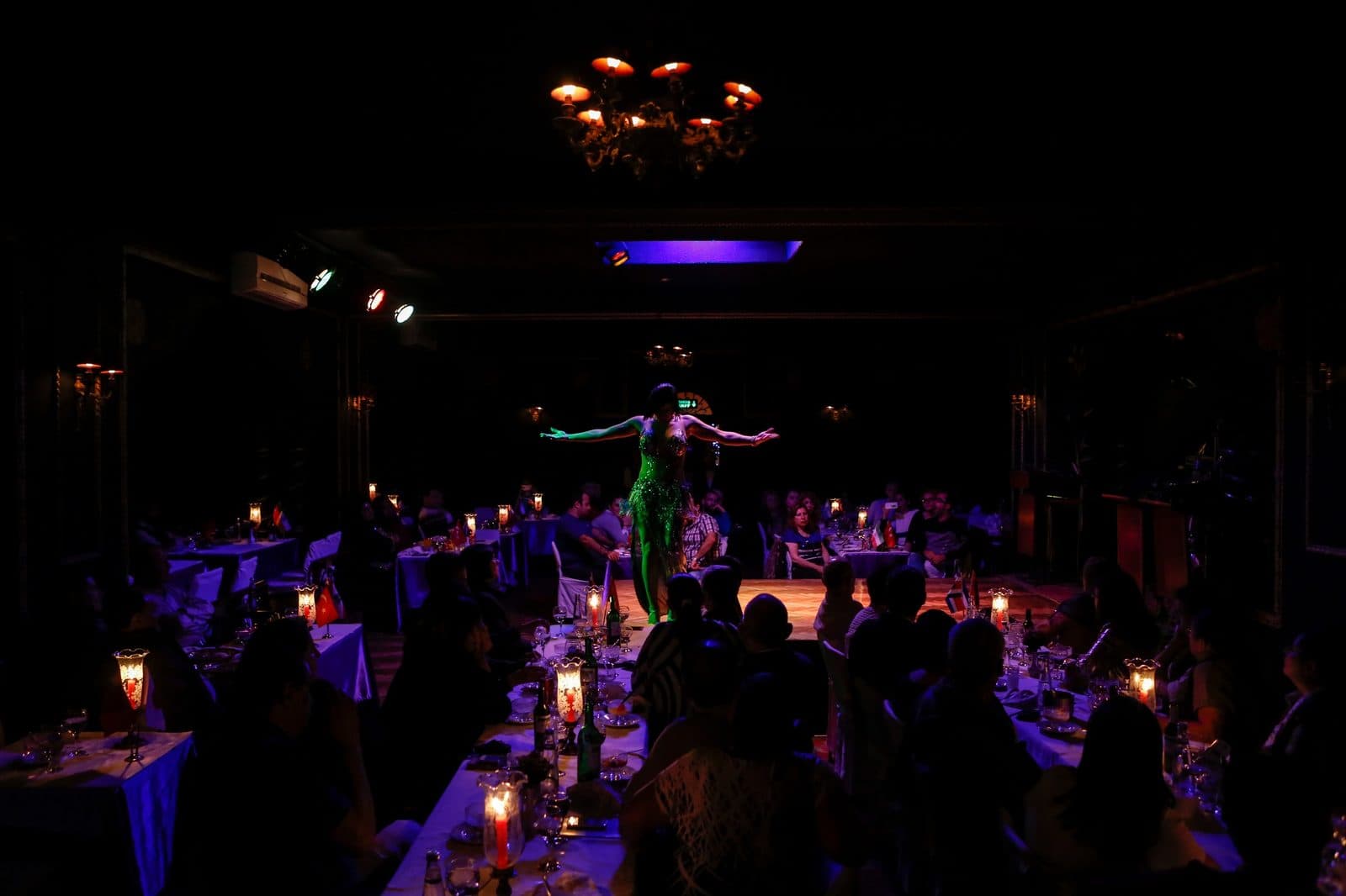 A candlelit dining room. Turkish Night at a Cave Restaurant, arranged from The Owl Cave Hotel in Göreme, Cappadocia.
