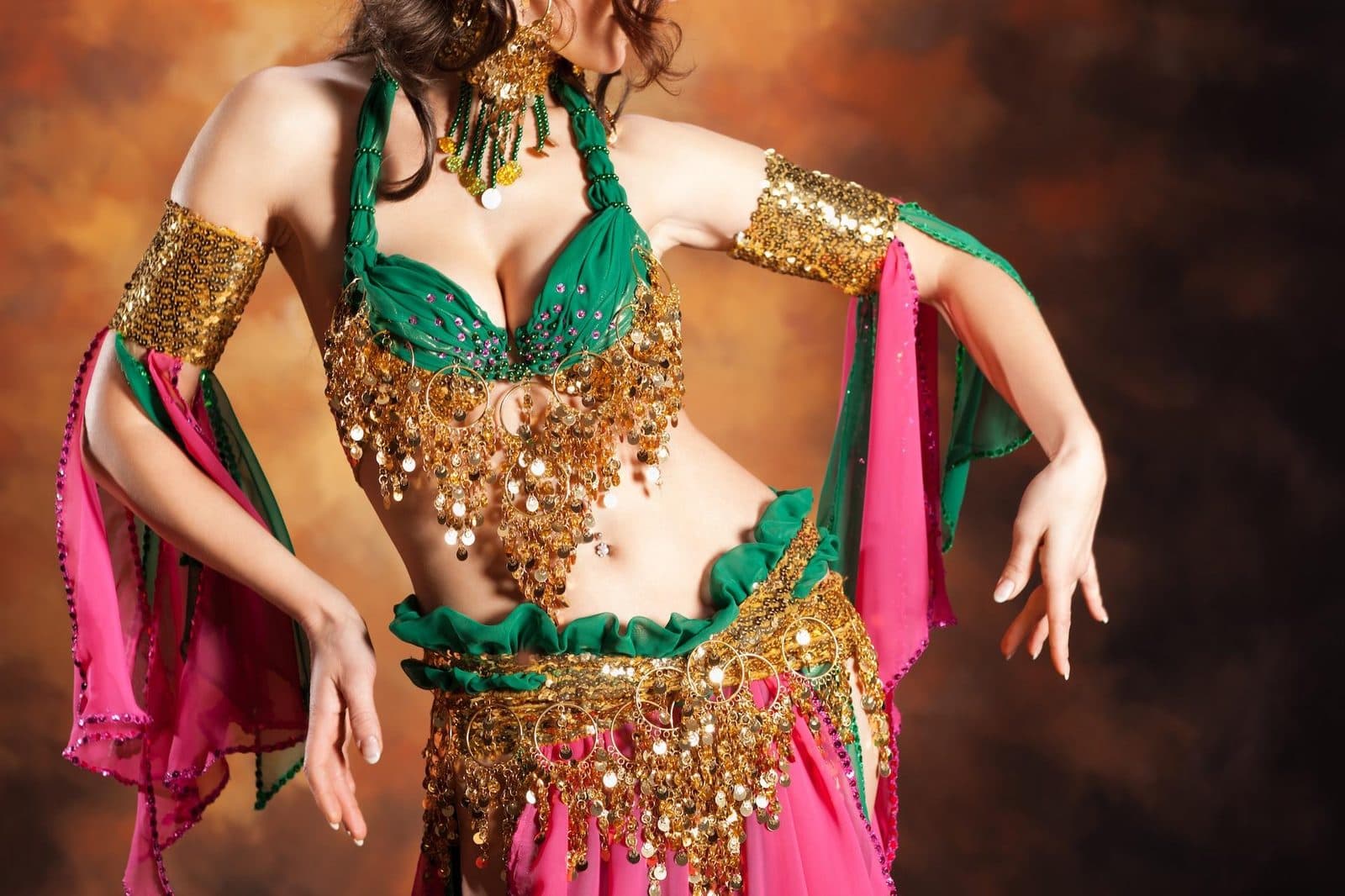 A close view of a green and gold belly-dance costume. Turkish Night at a Cave Restaurant, arranged from The Owl Cave Hotel in Göreme, Cappadocia.